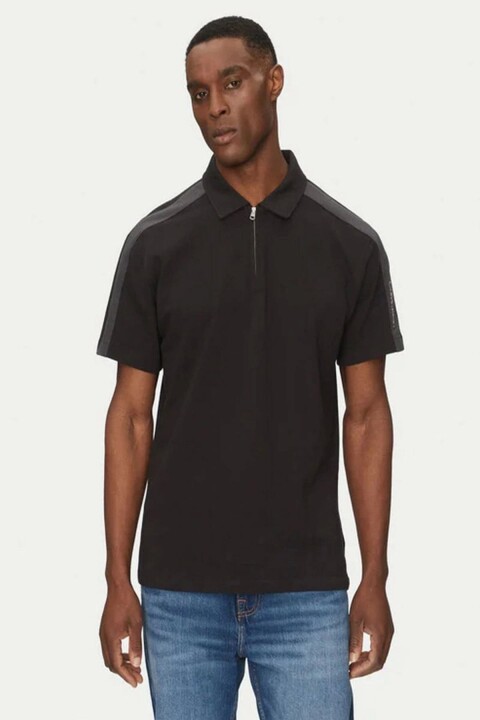 Erkek Ck Logo Şerit Polo T-Shirt - Siyah 
