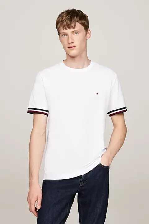 Erkek Global Stripe Manşet Pique T-Shirt - Beyaz 