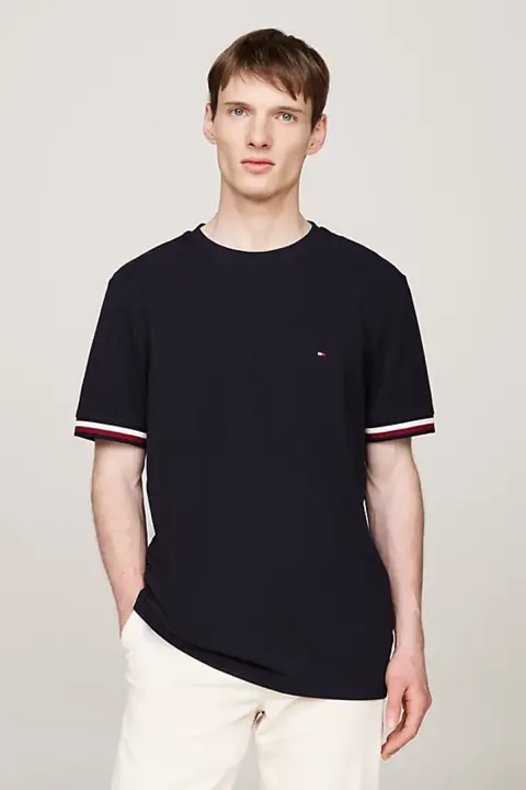 Erkek Global Stripe Manşet Pique T-Shirt - Lacivert 