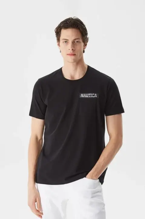 Erkek Nautica Baskılı Standart Fit Kısa Kollu T-Shirt - Siyah 