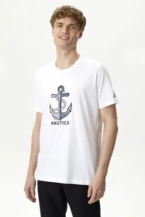 Erkek Nautica Standart Fit Kısa Kollu T-Shirt - Beyaz 