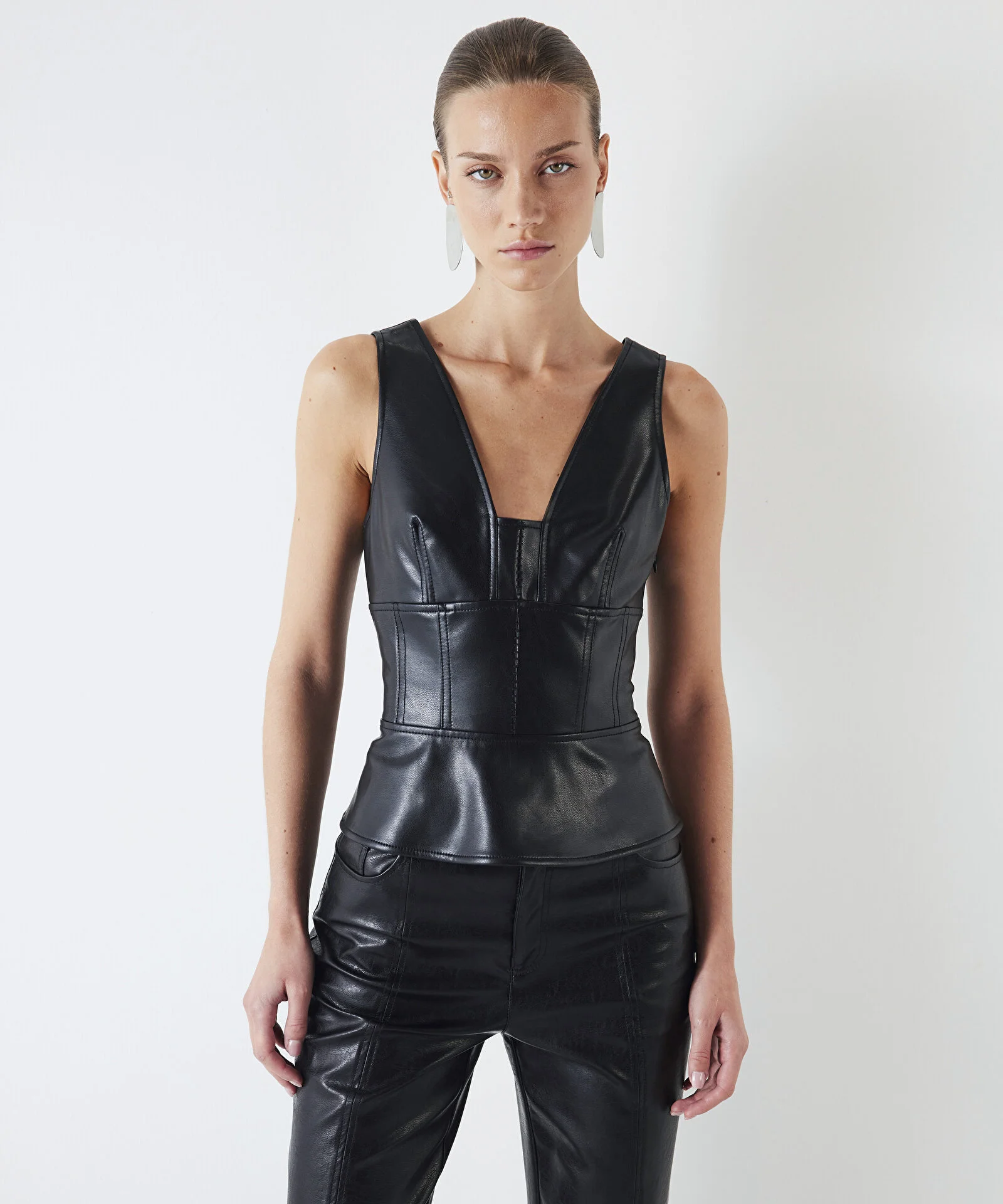 Deri Görünümlü Peplum Bluz-Siyah 