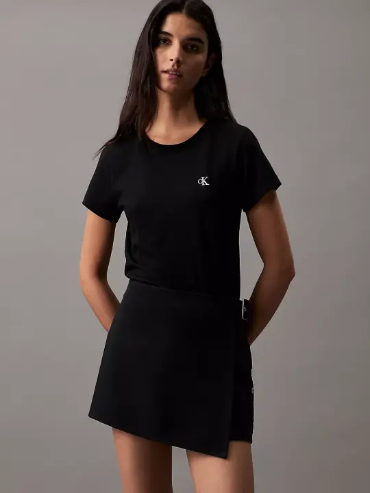 Kadın Ck İşlemeli Slim T-Shirt - Siyah 