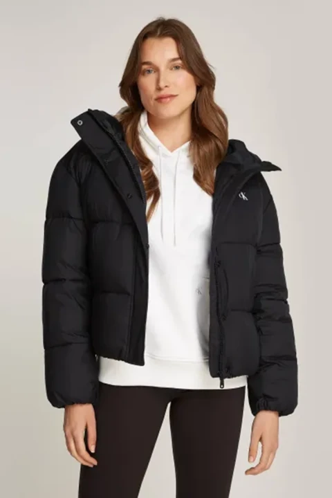 Kadın Logo Short Hooded Puffer Mont - Siyah 