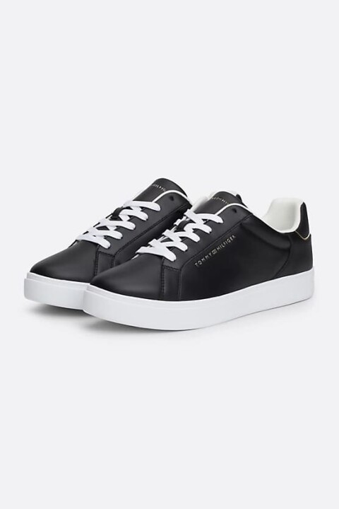 Kadın Metalik Logo Deri Court Sneaker - Siyah 