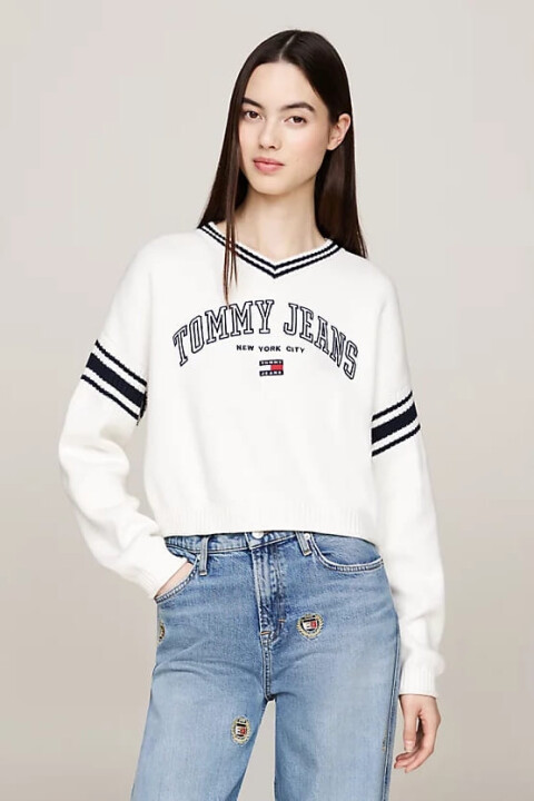 Kadın Varsity V Yaka Kısa Kazak - Beyaz - Tommy Hilfiger