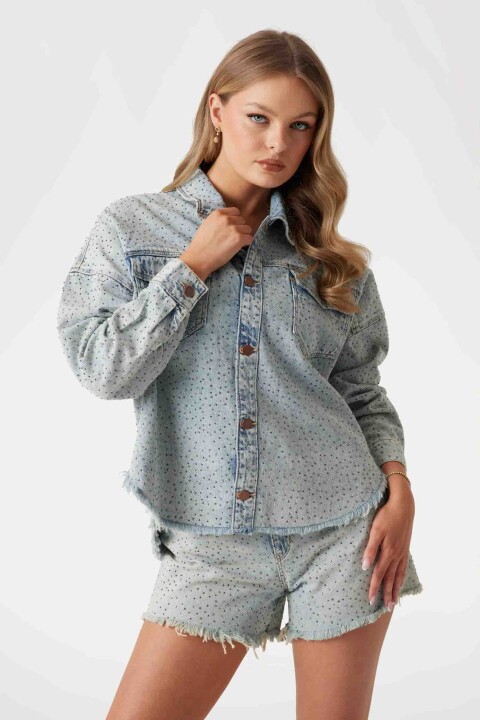 Kadın Western Shacket Suni Taş İşlemeli Denim Ceket - Mavi 