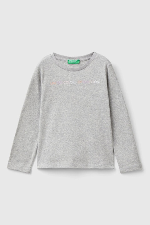 Kız Çocuk Logo Baskılı Uzun Kollu T-Shirt - Gri Melanj 