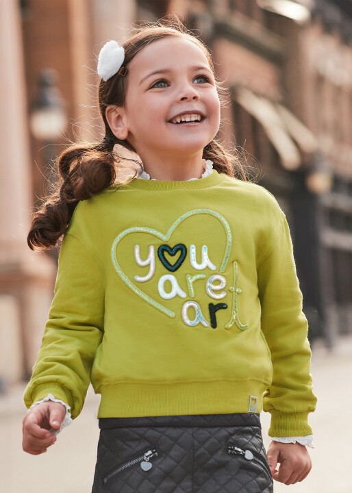 Kız Çocuk Pulover-İşlemeli Sweatshirt Yeşil 
