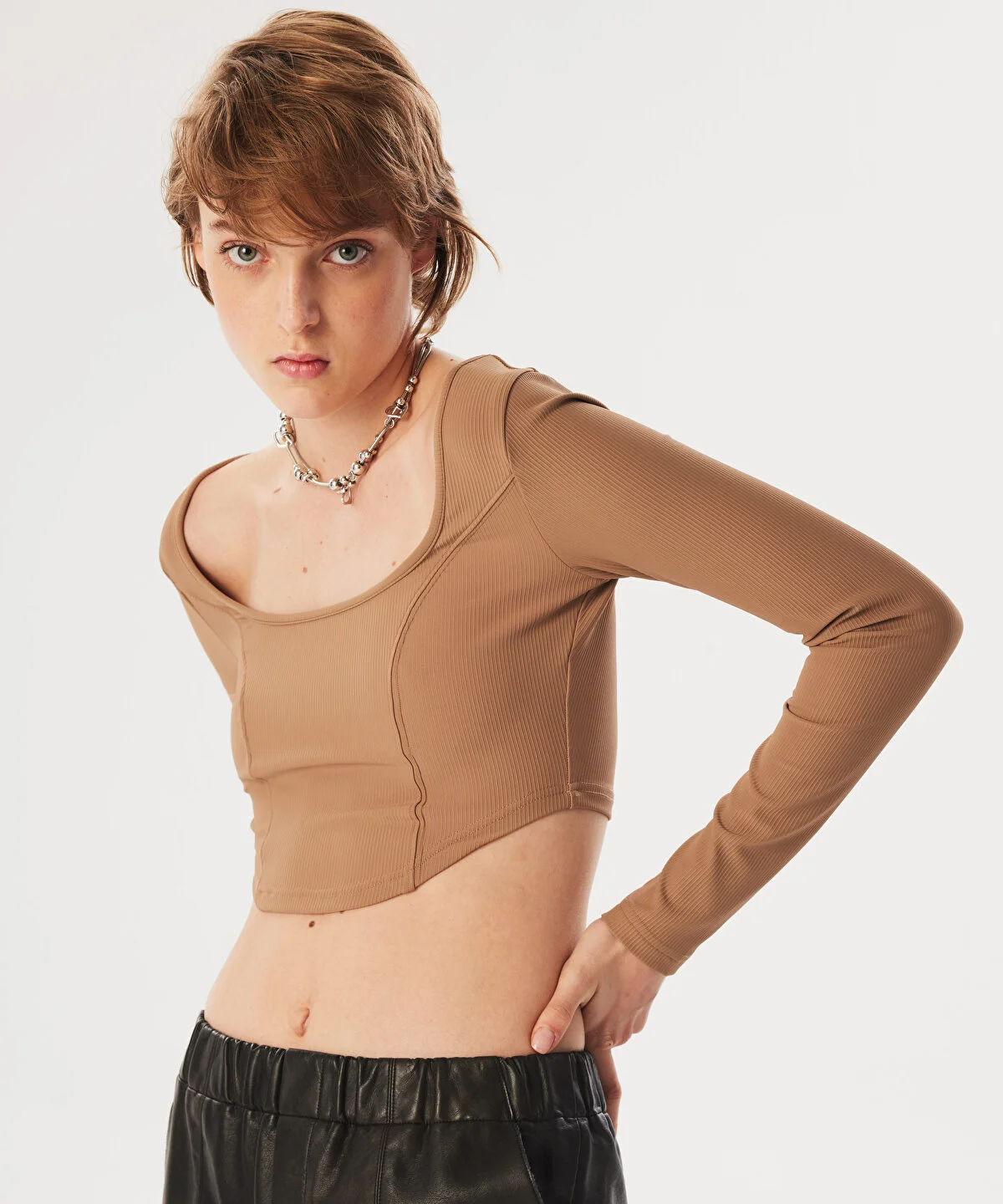 Kadın Uzun Kollu Crop T-Shirt - Naturel 